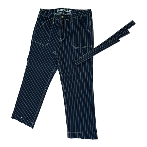 90s HYDRAULIC COTTON NAVY DENIM W WHITE PIN STRIPE & SASH WIDE LEG PANT SZ 16 - Picture 1 of 3